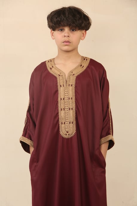 Kid's Boys Burgundy Marockan Thobe Jubba Robe Eid Djellaba Gandoura - Image 4