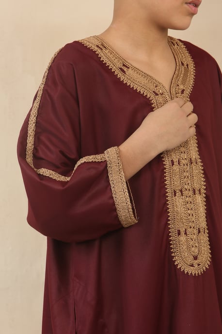 Kid's Boys Burgundy Marockan Thobe Jubba Robe Eid Djellaba Gandoura - Image 5