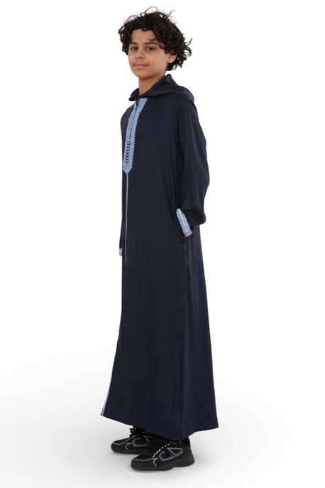 Kinderjongens marineblauwe Eid-jas met capuchon, Marokkaanse Thobe Djellaba Ramadan Jubba - K-HM3 - Image 2