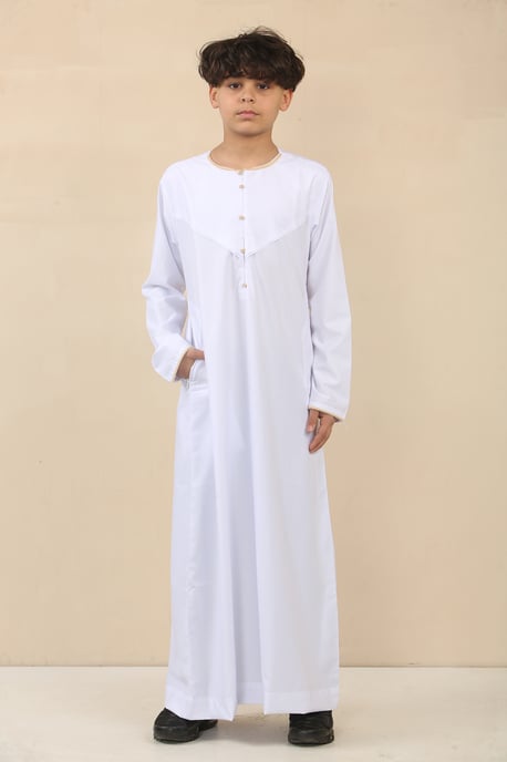 Kid's Boys White Oman Eid Thobe Saudi Emirati Jubba Robe - Image 1