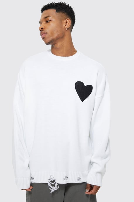 Oversized Distressed Hem And Heart Detail Jumper - Image 1