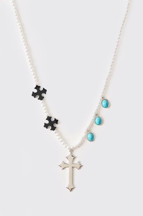 Gem and Cross Mock Pearl Necklace - Image 2