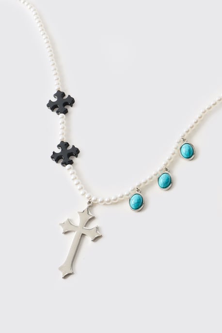 Gem and Cross Mock Pearl Necklace - Image 3