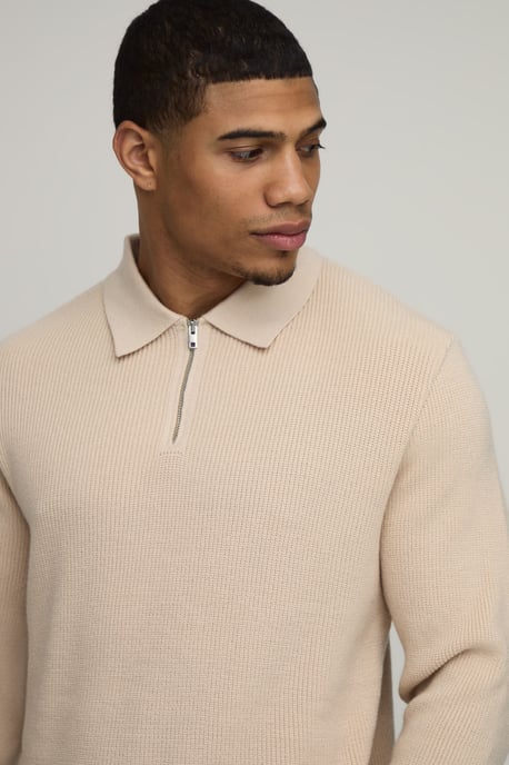 Regular Fit Soft Touch Waffle 1/4 Zip Knitted Polo - Image 3