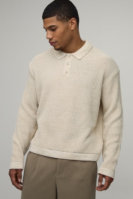 Oversized Boxy Fisherman Rib Marl Knitted Polo - Image 1