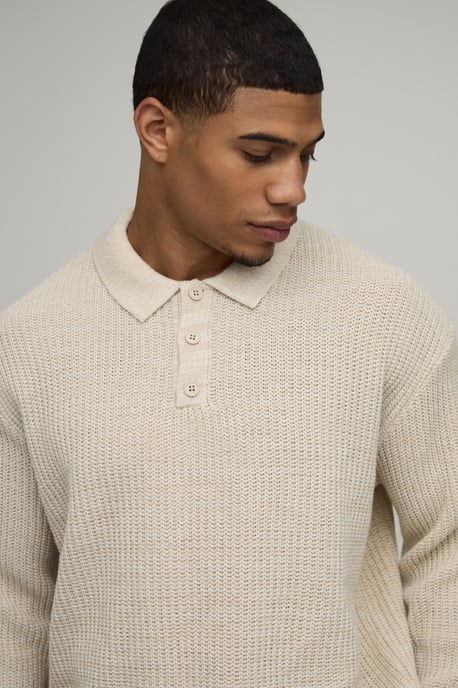 Oversized Boxy Fisherman Rib Marl Knitted Polo - Image 3