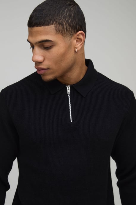Regular Fit Soft Touch Waffle 1/4 Zip Knitted Polo - Image 3
