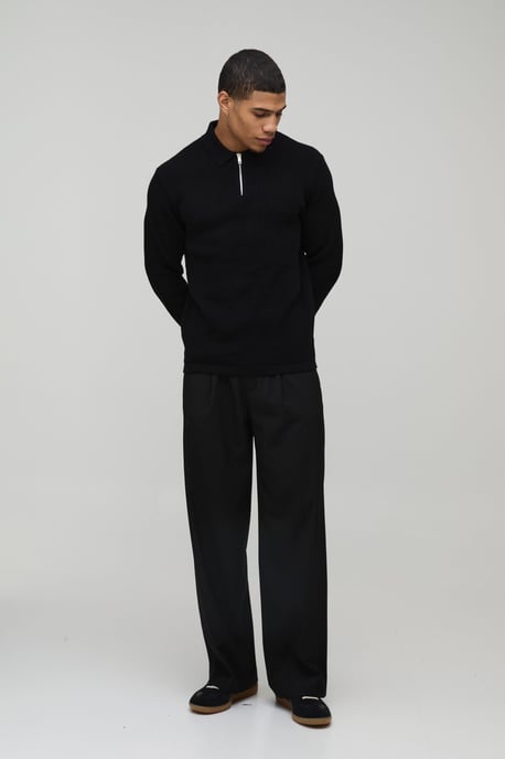 Regular Fit Soft Touch Waffle 1/4 Zip Knitted Polo - Image 4