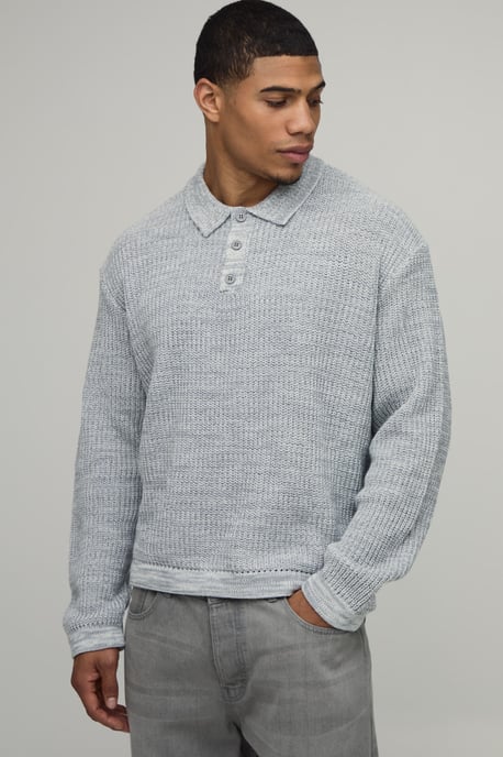 Oversized Boxy Fisherman Rib Marl Knitted Polo - Image 1