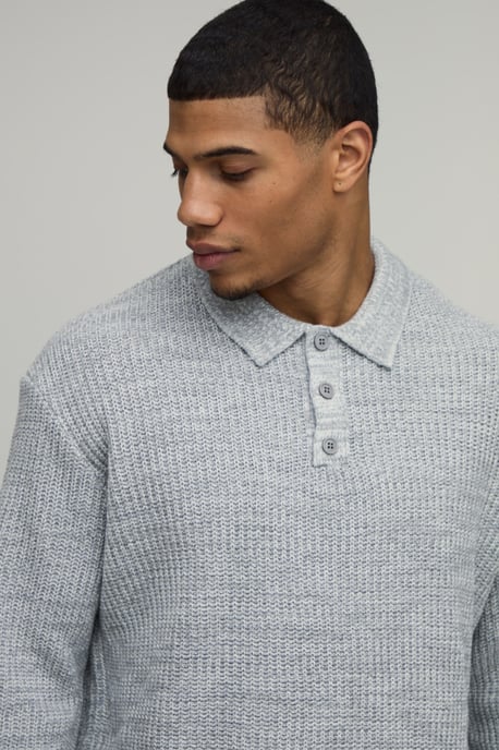 Oversized Boxy Fisherman Rib Marl Knitted Polo - Image 3