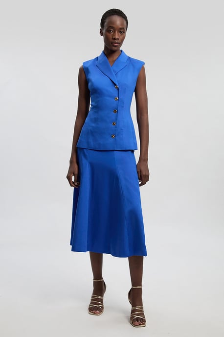 Tailored Linen Button Front Full Midi Skirt - Image 1