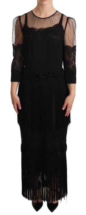 Dolce Gabbana Midi Dress 34 Sleeves Lace Fringe - Image 1