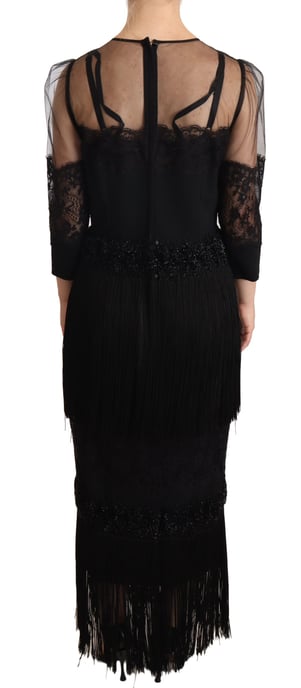 Dolce Gabbana Midi Klänning 34 Ärmar Spets Fransar - Image 3