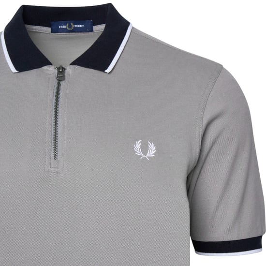 Fred Perry Zip Neck Polo Shirt Limestone Grey - Image 3