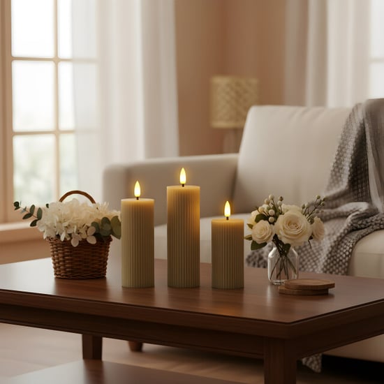MAZAZU Omniexa led kaarsenset – 3 stuks – taupe/grijs waslook – ribbed design – met - Image 4