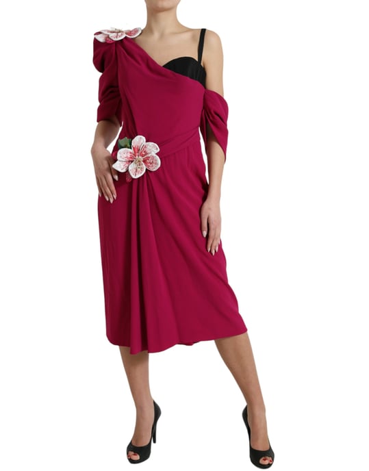 Floral Appliqu Oneshoulder Midi Dress - Image 1