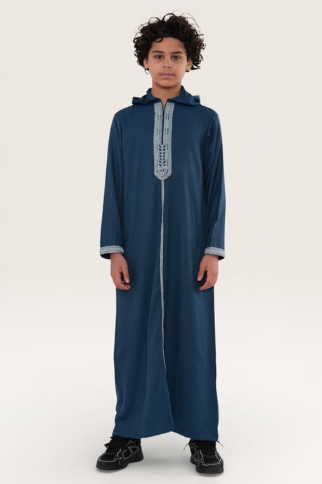 Kinderen jongens blauwe Eid Marokkaanse Thobe gewaad Djellaba Ramadan Jubba LFS-K-HM3 met capuchon - Image 2