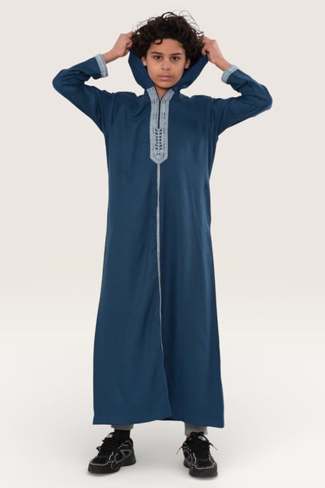 Kinderen jongens blauwe Eid Marokkaanse Thobe gewaad Djellaba Ramadan Jubba LFS-K-HM3 met capuchon - Image 3