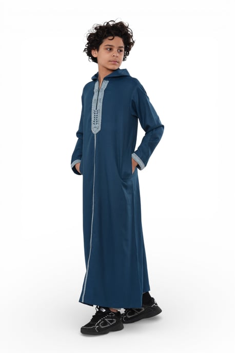Kinderen jongens blauwe Eid Marokkaanse Thobe gewaad Djellaba Ramadan Jubba LFS-K-HM3 met capuchon - Image 4