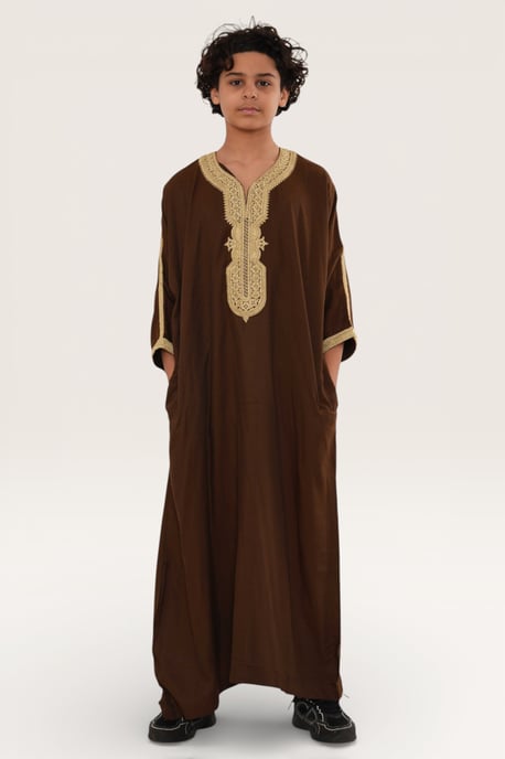 Barn Pojkar Brun Ramadan Marockansk Thobe Robe Djellaba Gandoura Eid Jubba LFS-K-HM67 - Image 2