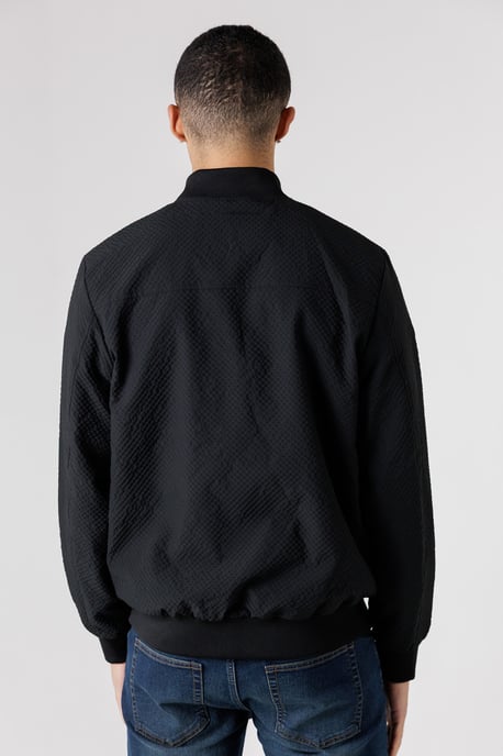 Black Seersucker Bomber Jacket With Zip-Up And Side Pockets - Image 2