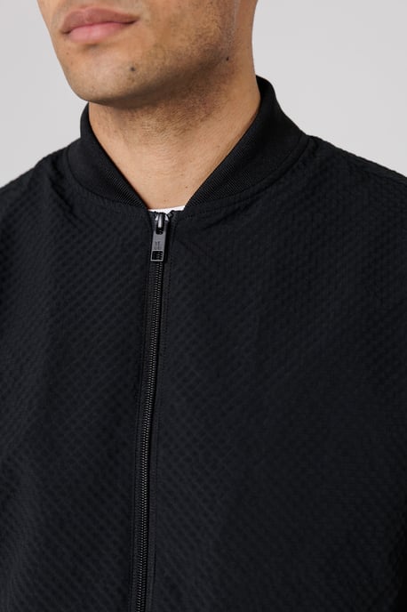 Black Seersucker Bomber Jacket With Zip-Up And Side Pockets - Image 4