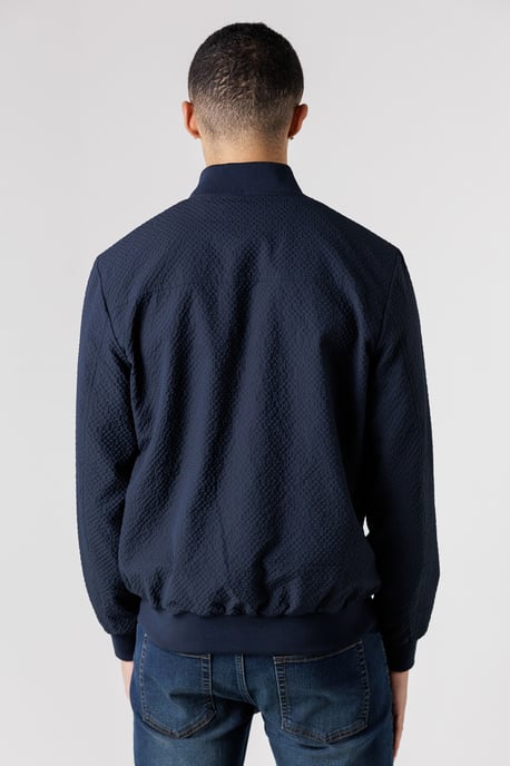 Navy Seersucker Bomber Jacket With Zip-Up And Side Pockets - Image 2