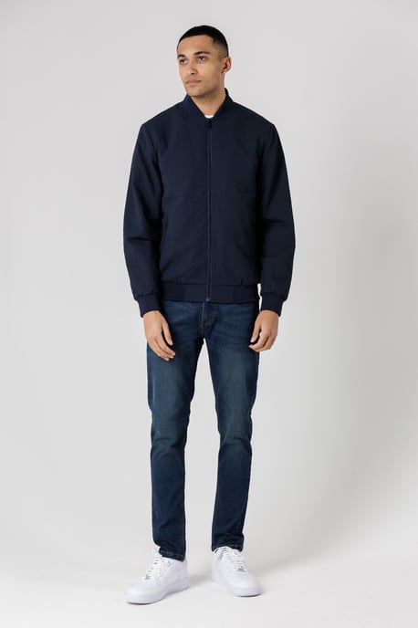 Navy Seersucker Bomber Jacket With Zip-Up And Side Pockets - Image 3