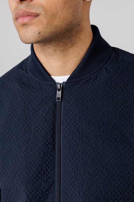 Navy Seersucker Bomber Jacket With Zip-Up And Side Pockets - Image 4