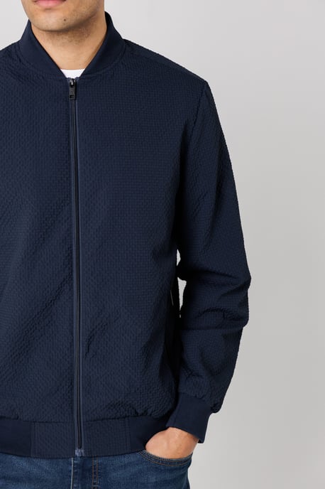 Navy Seersucker Bomber Jacket With Zip-Up And Side Pockets - Image 5