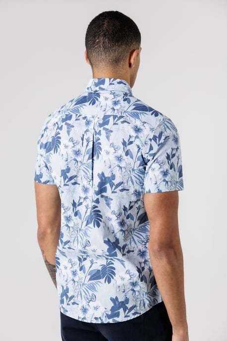 Light Blue Cotton Poplin Button-Up Tropical Print Shirt - Image 2