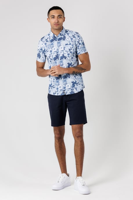 Light Blue Cotton Poplin Button-Up Tropical Print Shirt - Image 3