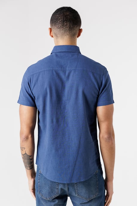 Dark Blue Linen Blend Short Sleeve Button-Up Shirt With Chest Pocket - Image 2