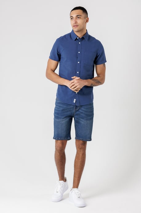 Dark Blue Linen Blend Short Sleeve Button-Up Shirt With Chest Pocket - Image 3