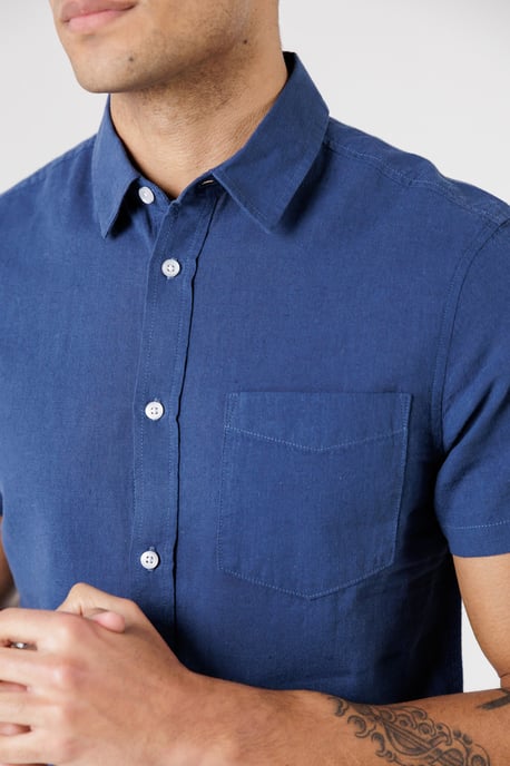 Dark Blue Linen Blend Short Sleeve Button-Up Shirt With Chest Pocket - Image 4