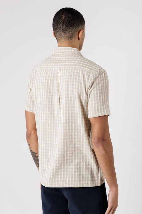Stone Cotton Button-Up Shirt With Check Print - Image 2