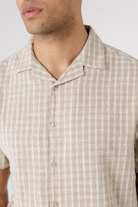 Stone Cotton Button-Up Shirt With Check Print - Image 4