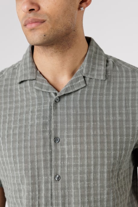 Khaki Cotton Button-Up Shirt With Check Print - Image 3