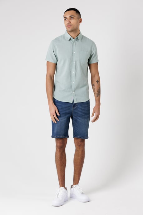 Light Green Linen Blend Short Sleeve Button-Up Shirt With Chest Pocket - Image 3