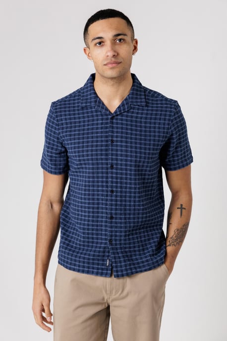 Navy Cotton Button-Up Shirt With Check Print - Image 1