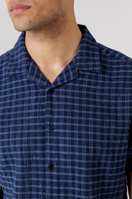 Navy Cotton Button-Up Shirt With Check Print - Image 4