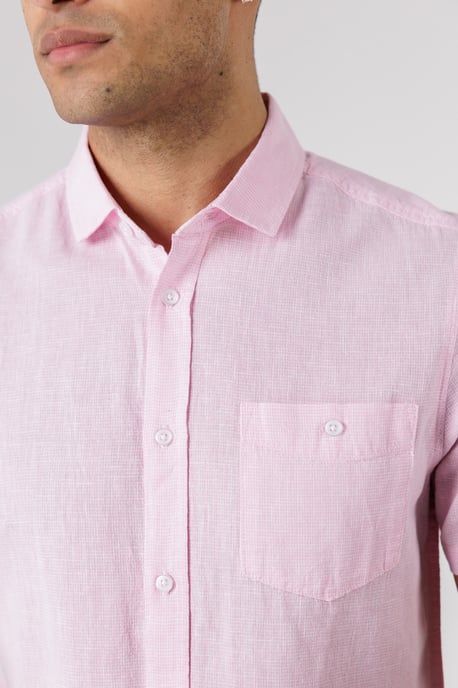 Pink Dog Tooth Print Short Sleeve Shirt With Collar And Chest Pocket - Image 4