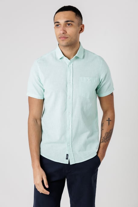 Light Green Dog Tooth Print Short Sleeve Shirt With Collar And Chest Pocket - Image 1