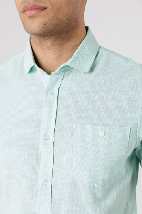 Light Green Dog Tooth Print Short Sleeve Shirt With Collar And Chest Pocket - Image 4
