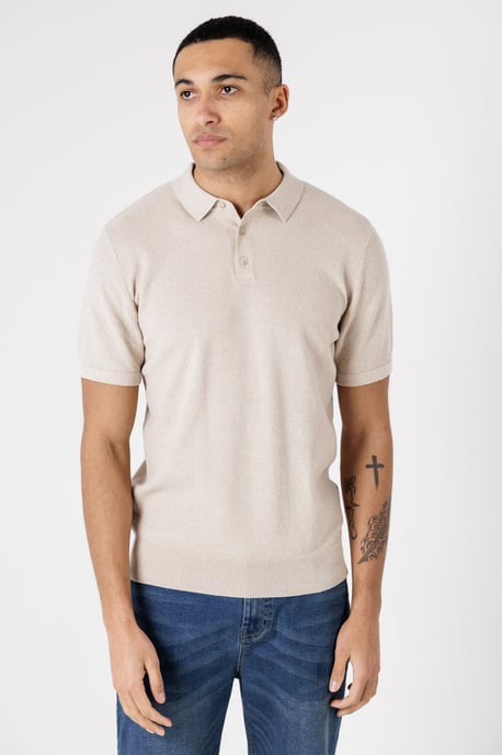 Beige Cotton Short Sleeve Button-Up Polo Shirt - Image 1