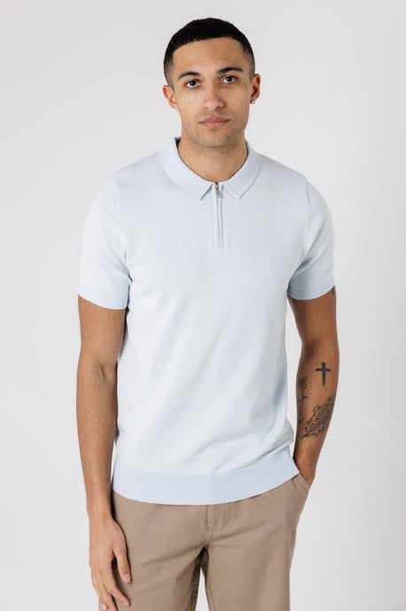 Light Blue Textured Zip Neck Polo Shirt - Image 1