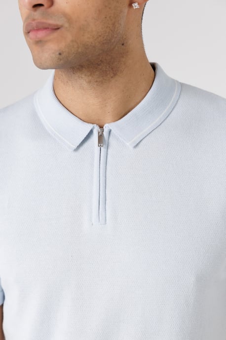 Light Blue Textured Zip Neck Polo Shirt - Image 4