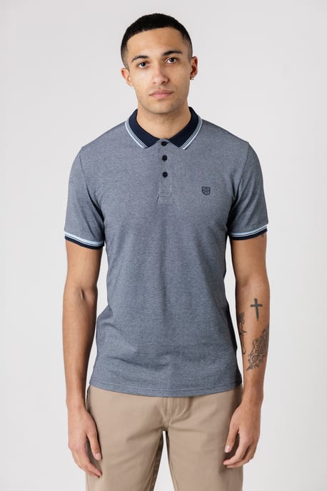 Navy Textured Polo Shirt With Button-Up And Logo Badge - Image 1