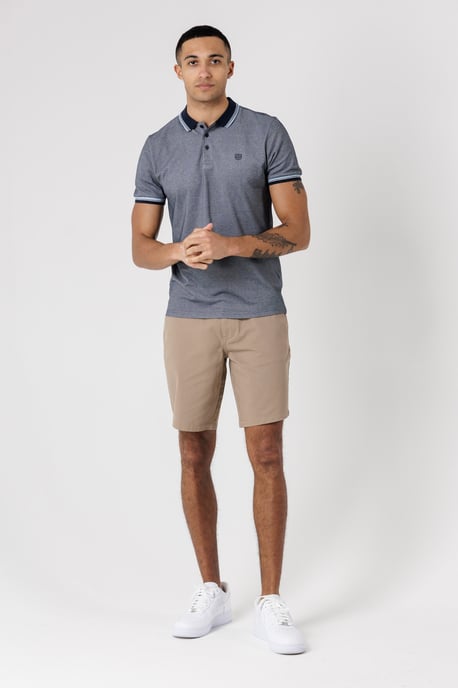 Navy Textured Polo Shirt With Button-Up And Logo Badge - Image 3