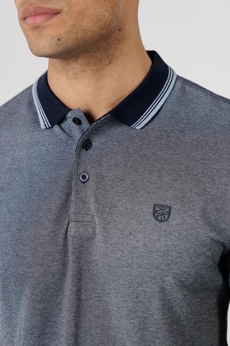 Navy Textured Polo Shirt With Button-Up And Logo Badge - Image 4